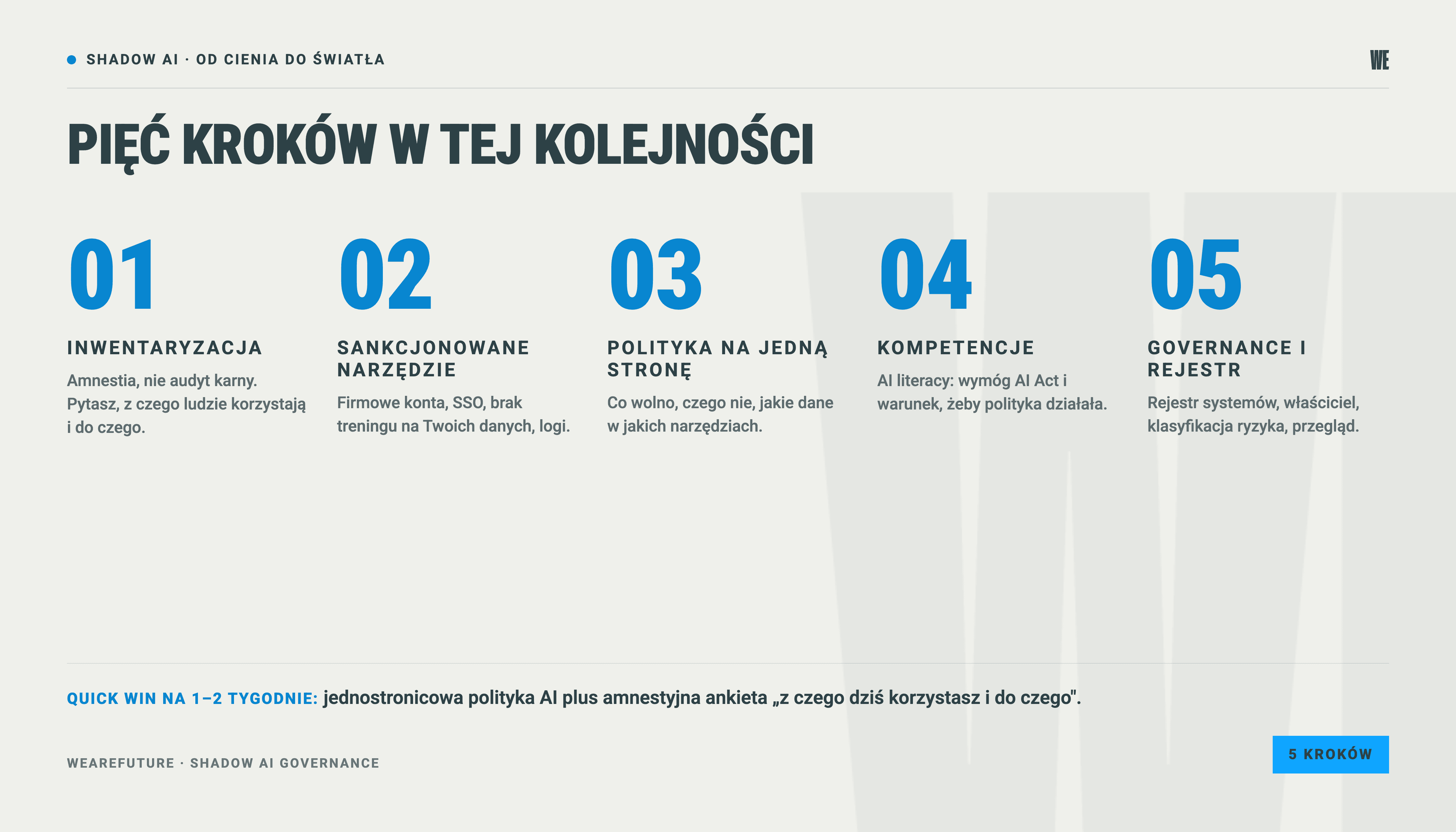 Pięć kroków wyjścia z shadow AI: inwentaryzacja, sankcjonowane narzędzie, polityka, kompetencje, governance.