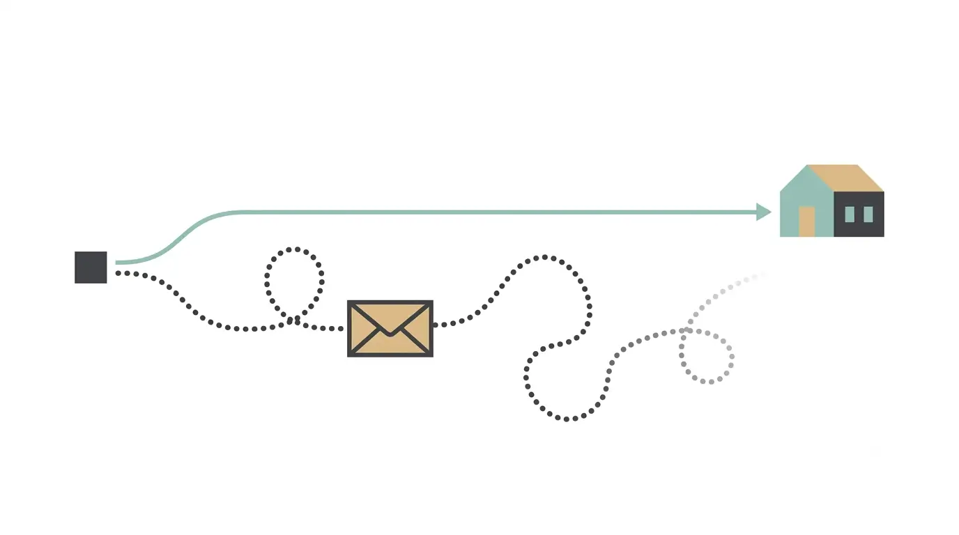 An illustration of one message taking two routes to a house, with the second route fading out before it arrives.