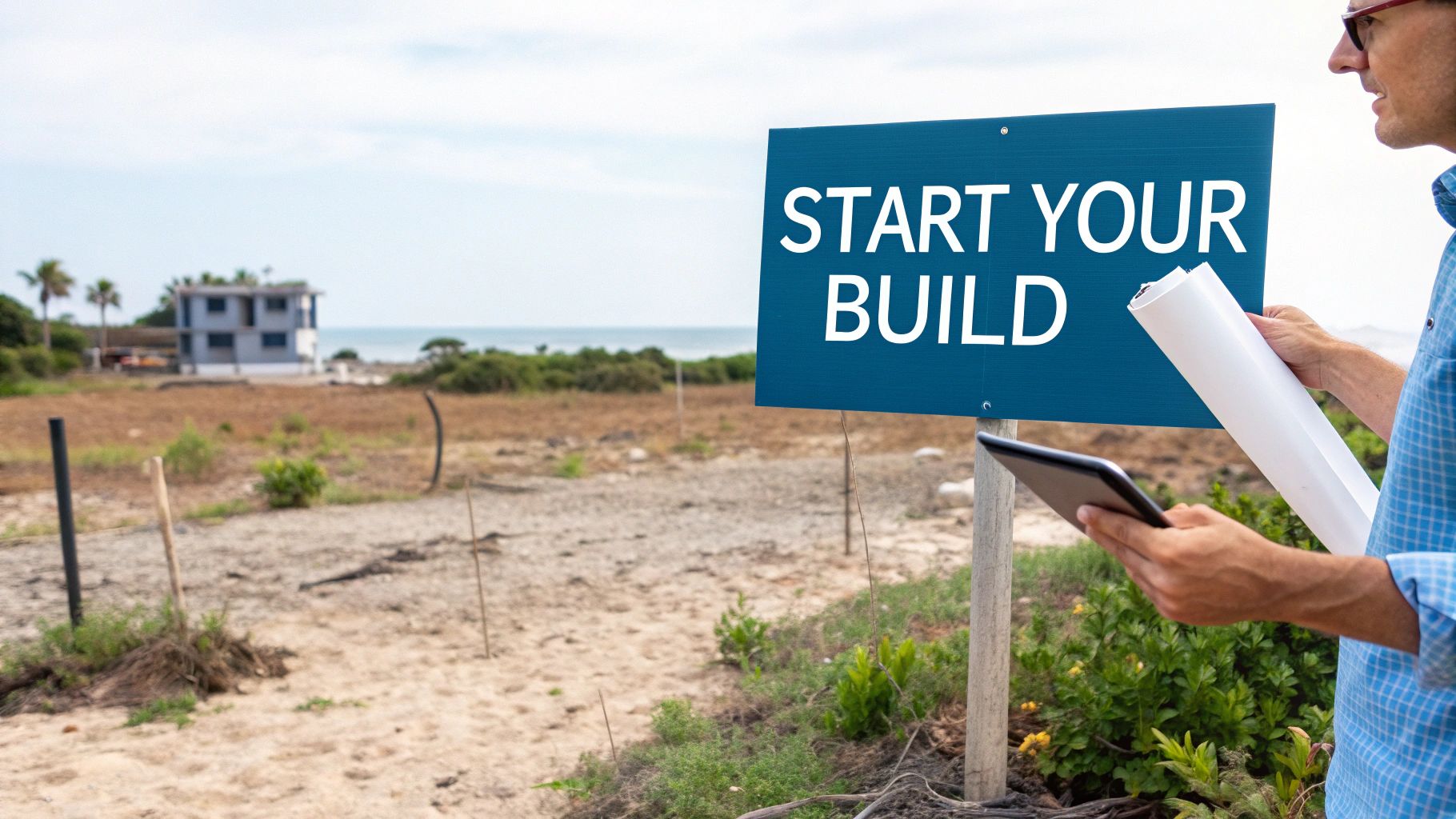 A man holding plans and a tablet by a "START YOUR BUILD" sign near a construction site.