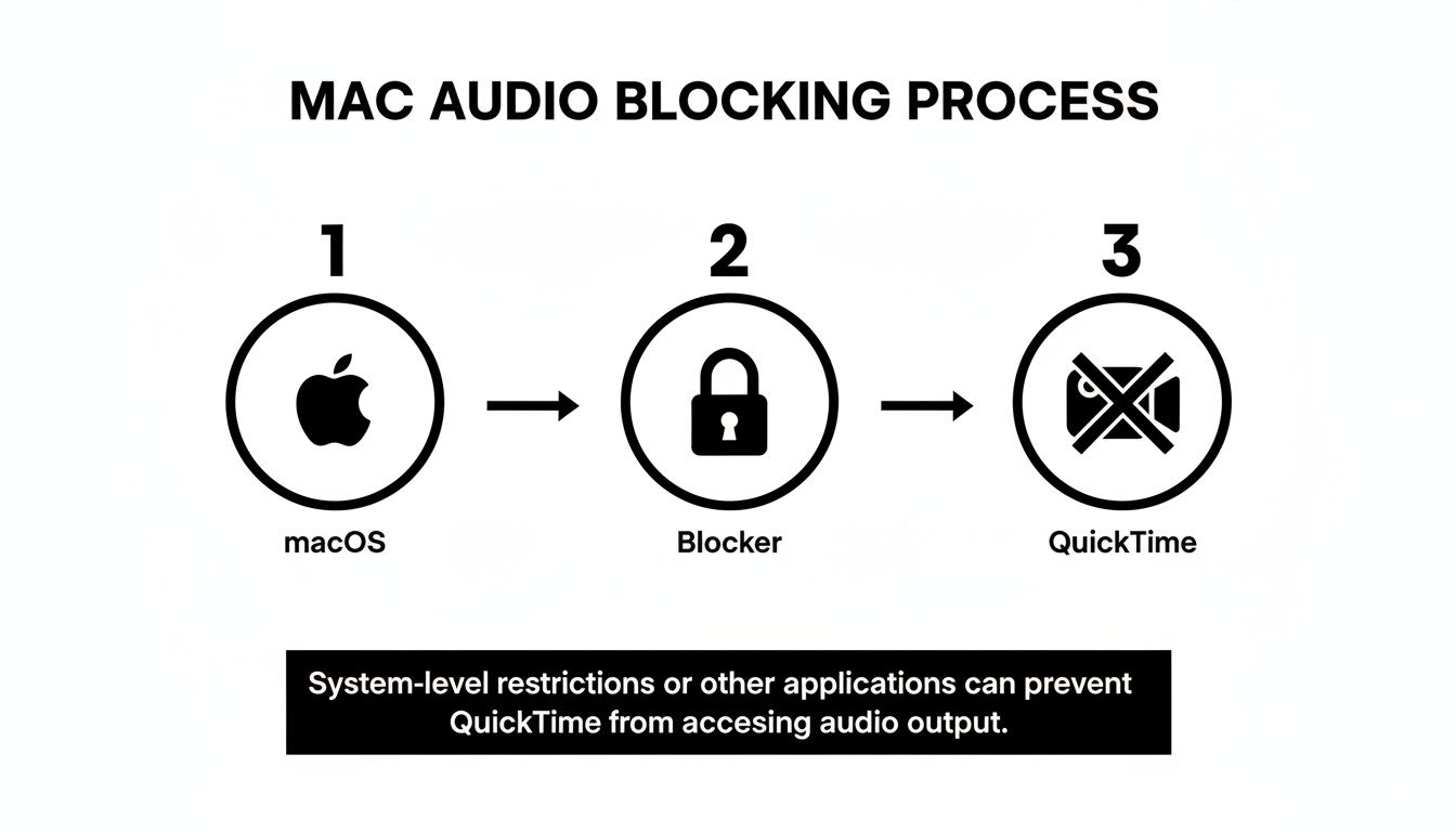 Flowchart illustrating the Mac audio blocking process, showing macOS, a blocker, and QuickTime being prevented from accessing audio.