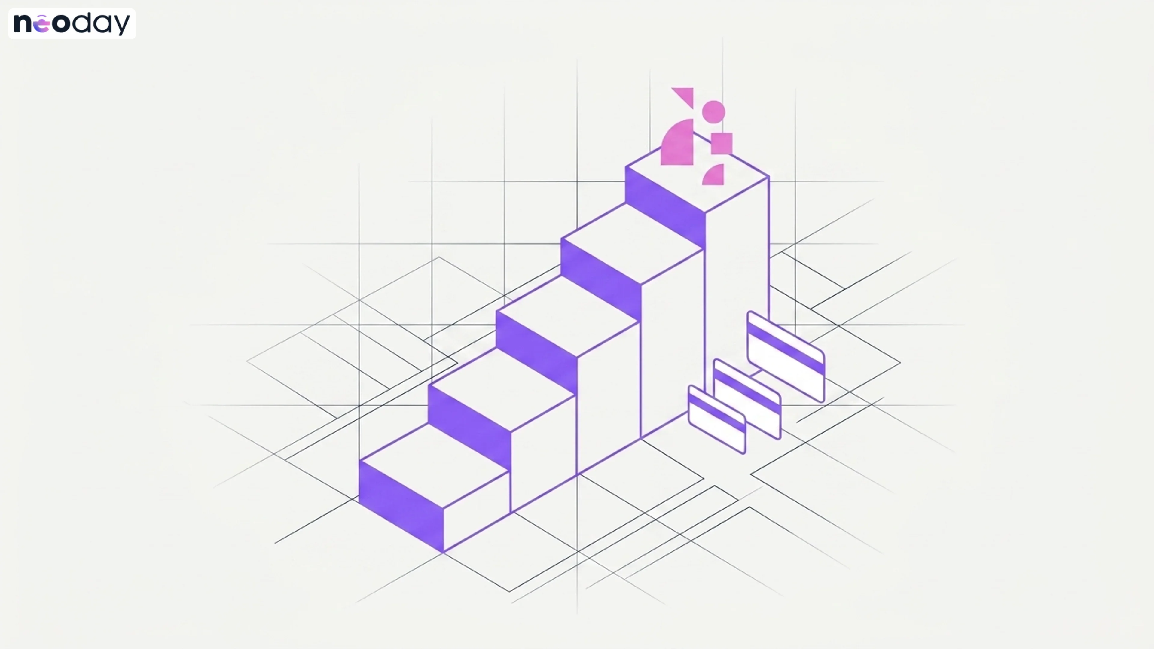 Abstract visualization of a retail loyalty program reward structure on a violet and off-white background