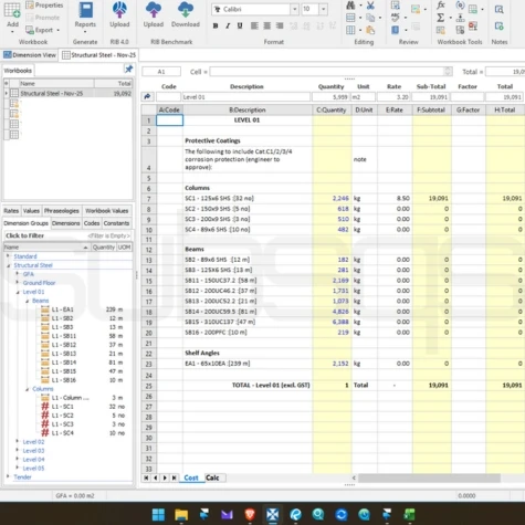 Screenshot of CostX Workbook for structural steel takeoff by SubsQS Ltd