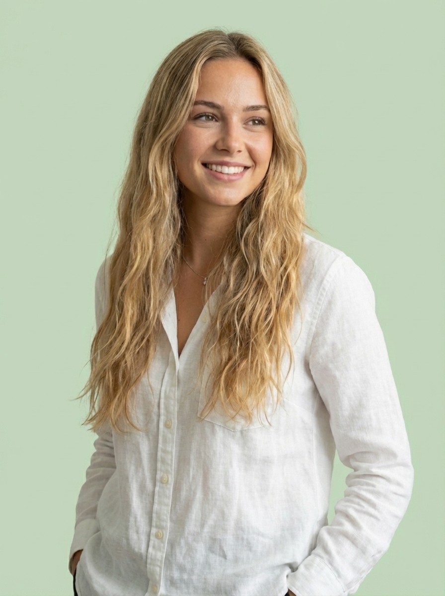 Minimal studio portrait of a confident woman in a white shirt, arms crossed, on a soft gray background.