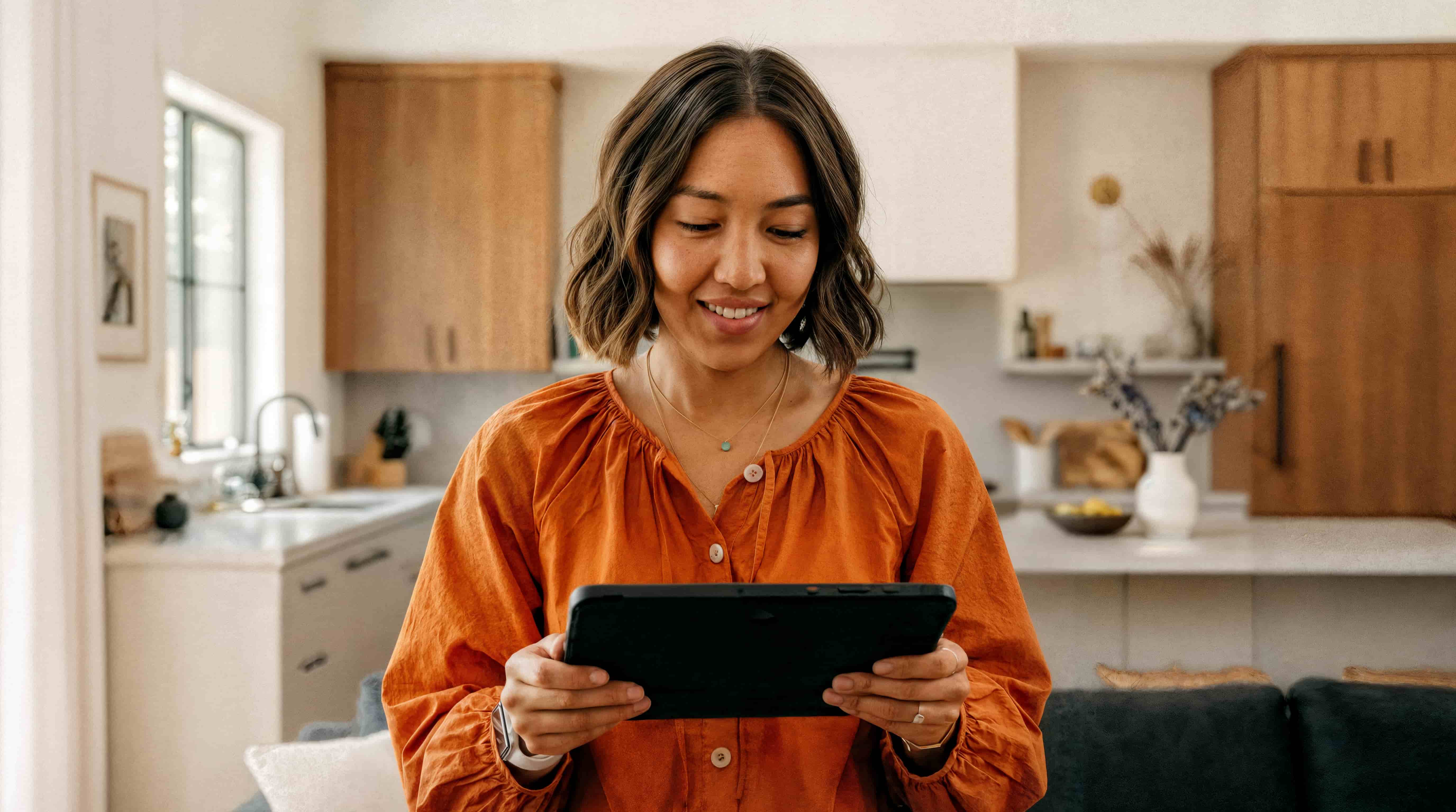 Woman in orange shirt using a tablet in modern kitchen.