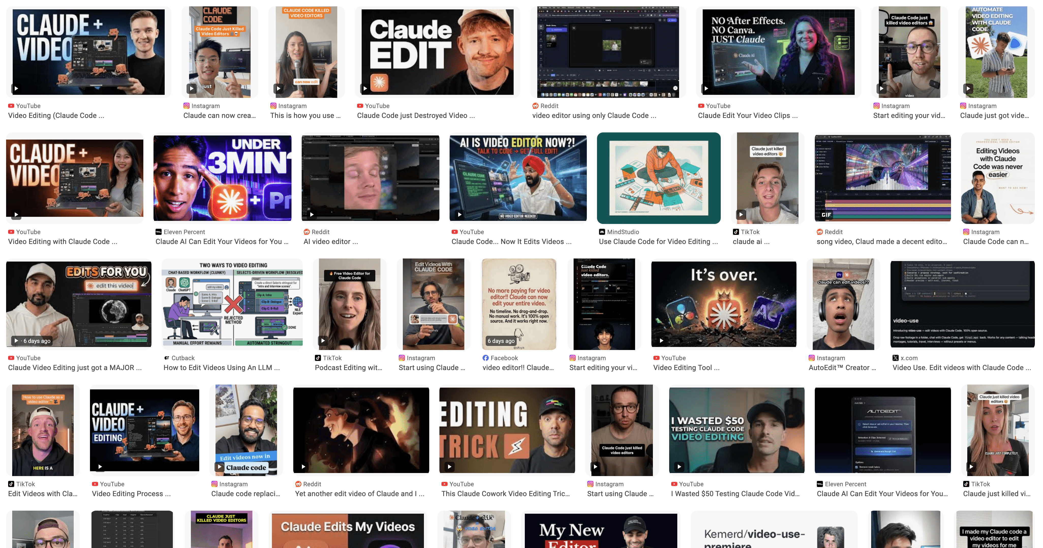 thumbnails of content about video editing with claude