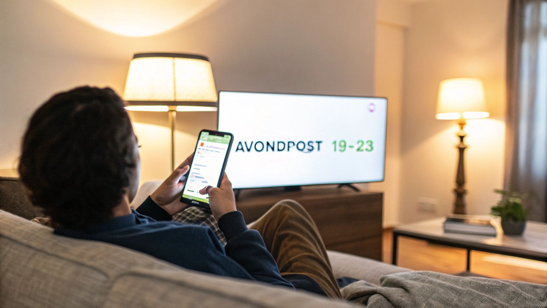 Een persoon ontspant op de bank en kijkt naar een smartphone, met een tv op de achtergrond die 'AVONDPOST 19-23' toont.