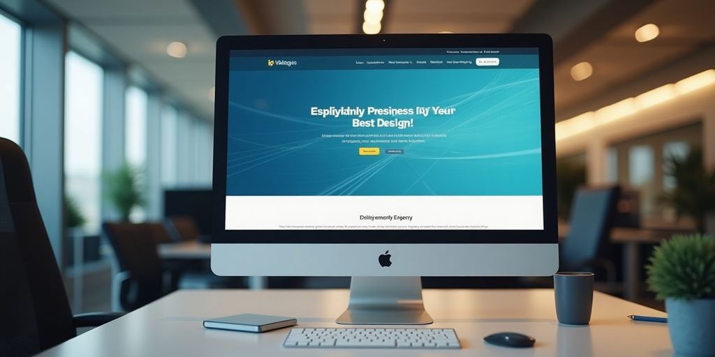 Professionele website op computerscherm in moderne kantooromgeving.