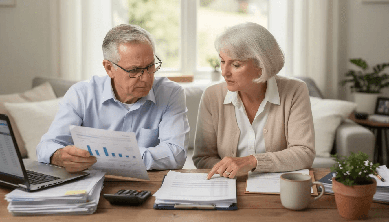 An elderly couple is seated at a desk, reviewing financial documents related to their retirement accounts, including an inherited IRA. They appear focused and engaged, likely discussing the distribution rules and options available for their IRA assets following the account owner's death.