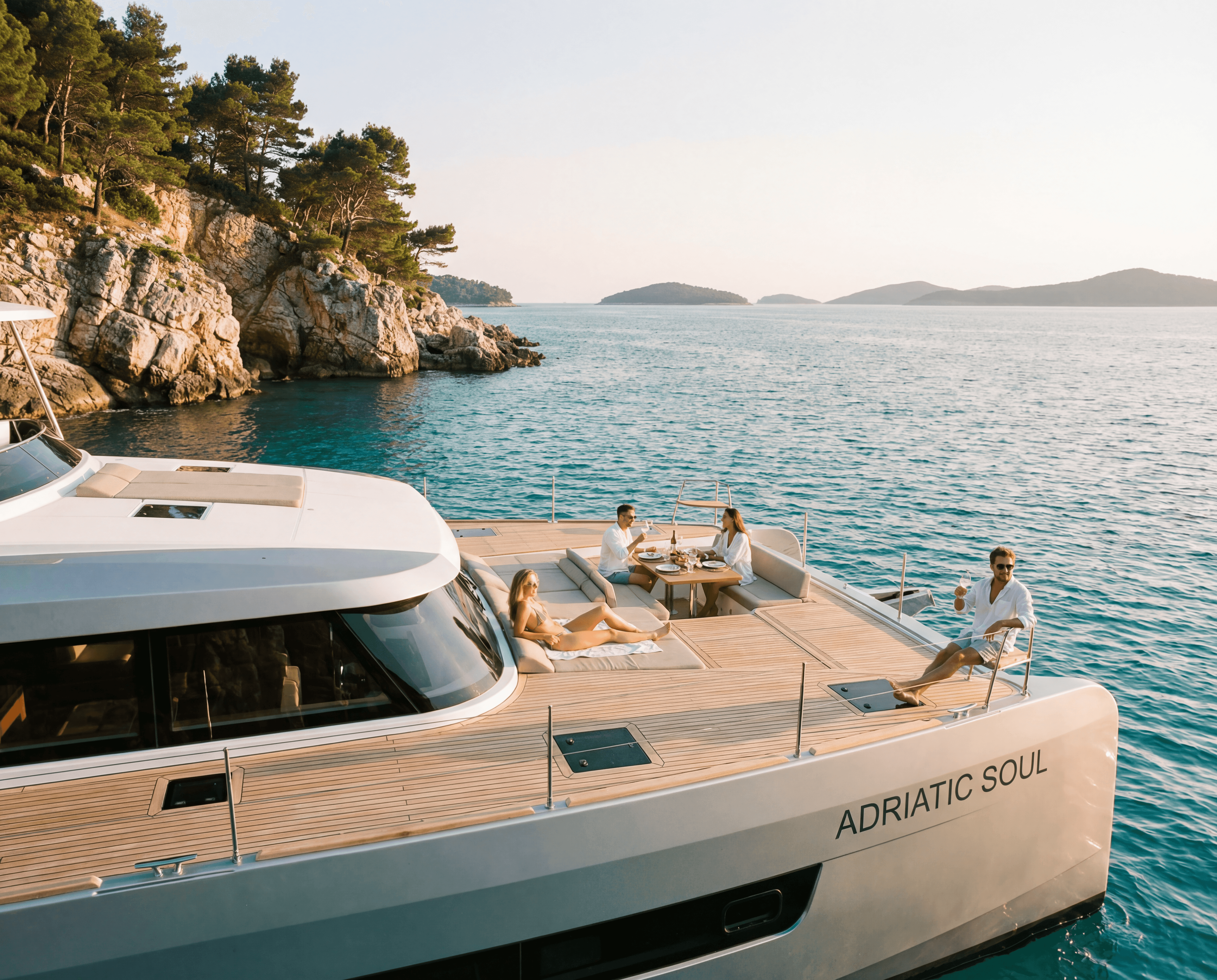 Participants se relaxant sur un catamaran dans une crique croate, moment de détente au cœur d’une croisière bien-être