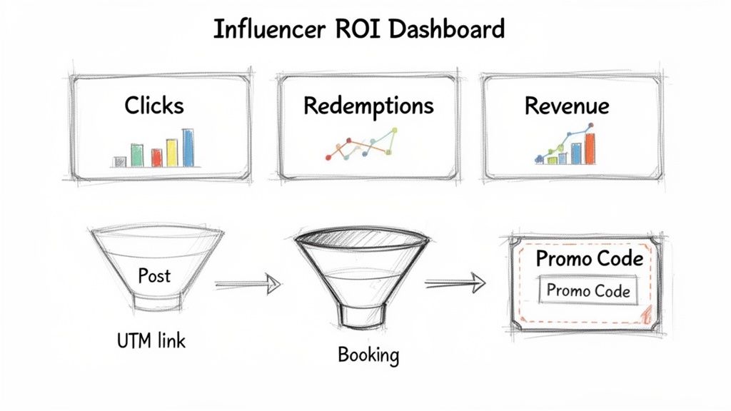Influencer ROI dashboard displaying clicks, redemptions, revenue, and a marketing funnel process.