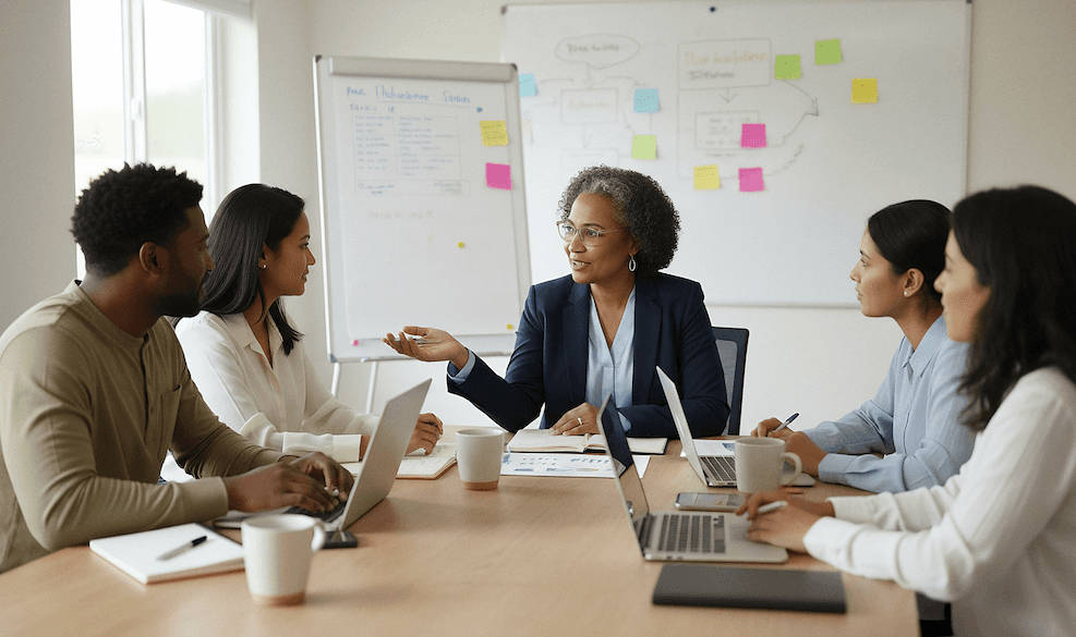 Smiling man in a grey blazer and graphic tee, lit by window shadows on a beige wall