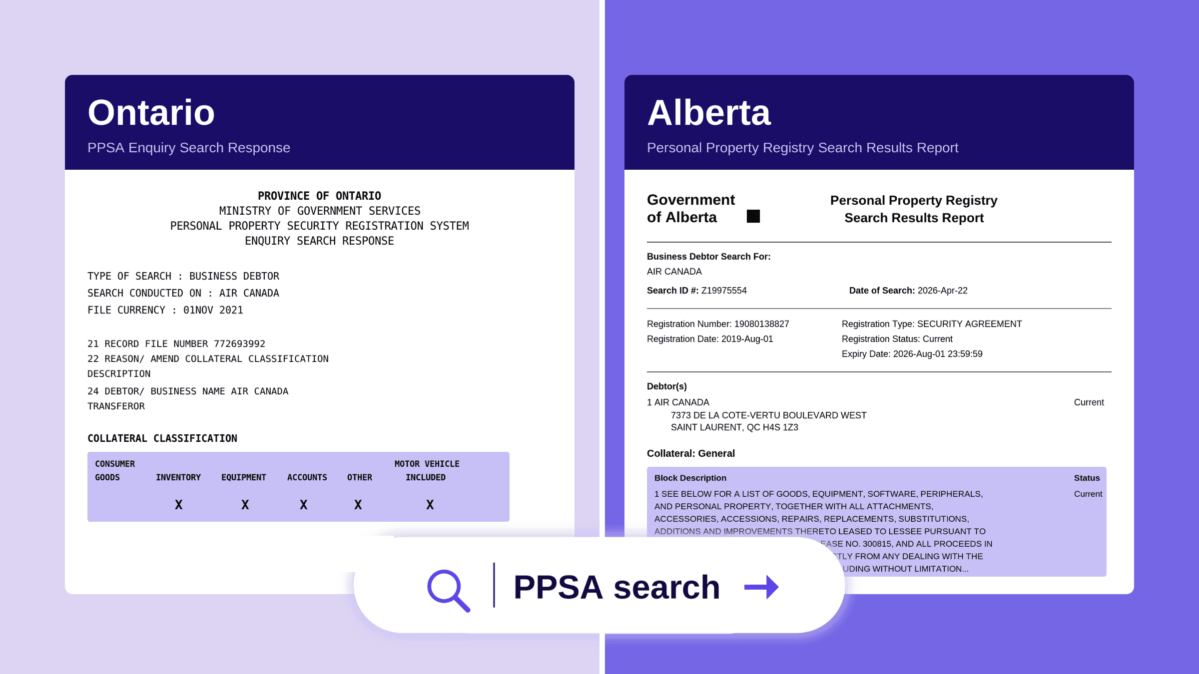 Regy registry search result showing a corporate record for John's Cookies Inc. alongside a business invoice and public brand profile.