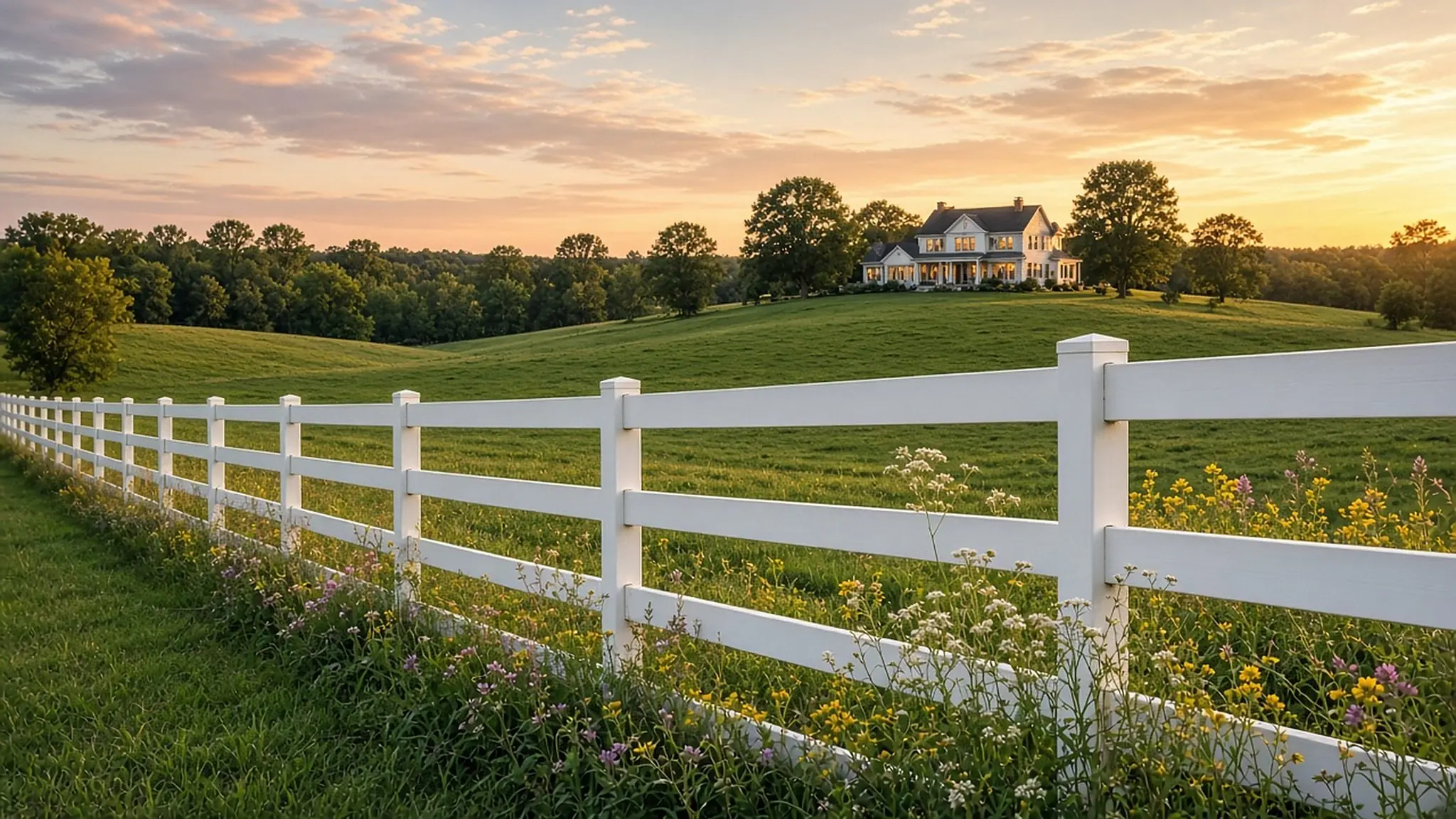 White vinyl ranch rail fence along a field