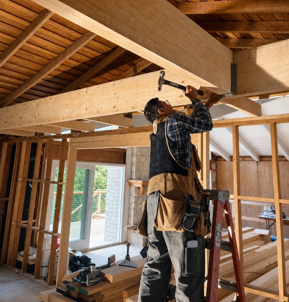 Tradesperson installing a structural beam inside the open timber frame at 1158 Chaparral, Pebble Beach — showing the structural quality at the core of a Golf Houses Co build.
