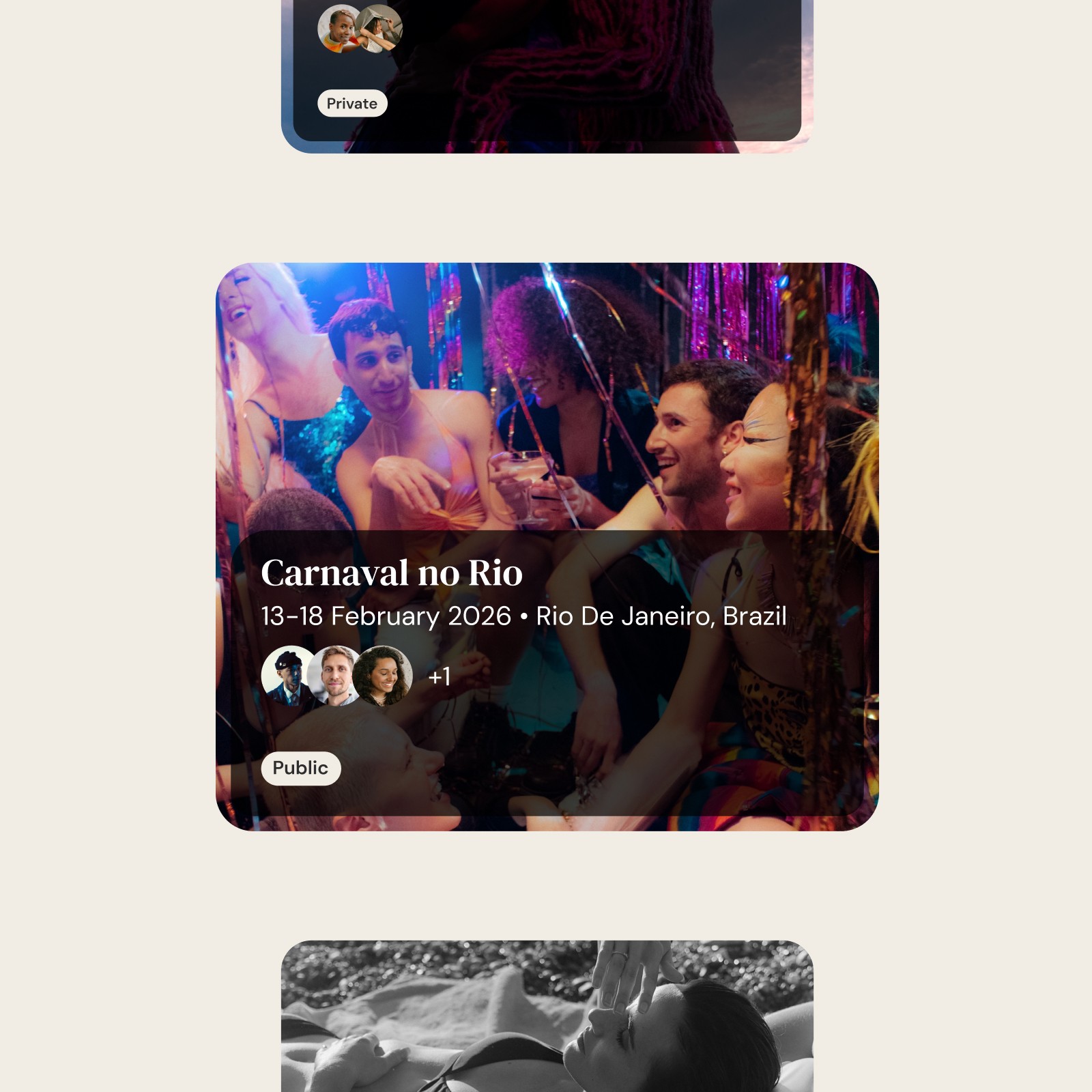Itinerary card for "Carnaval no Rio" in Rio De Janeiro, Brazil, from February 13–18, 2026. The background shows a group of people celebrating with glitter and streamers.