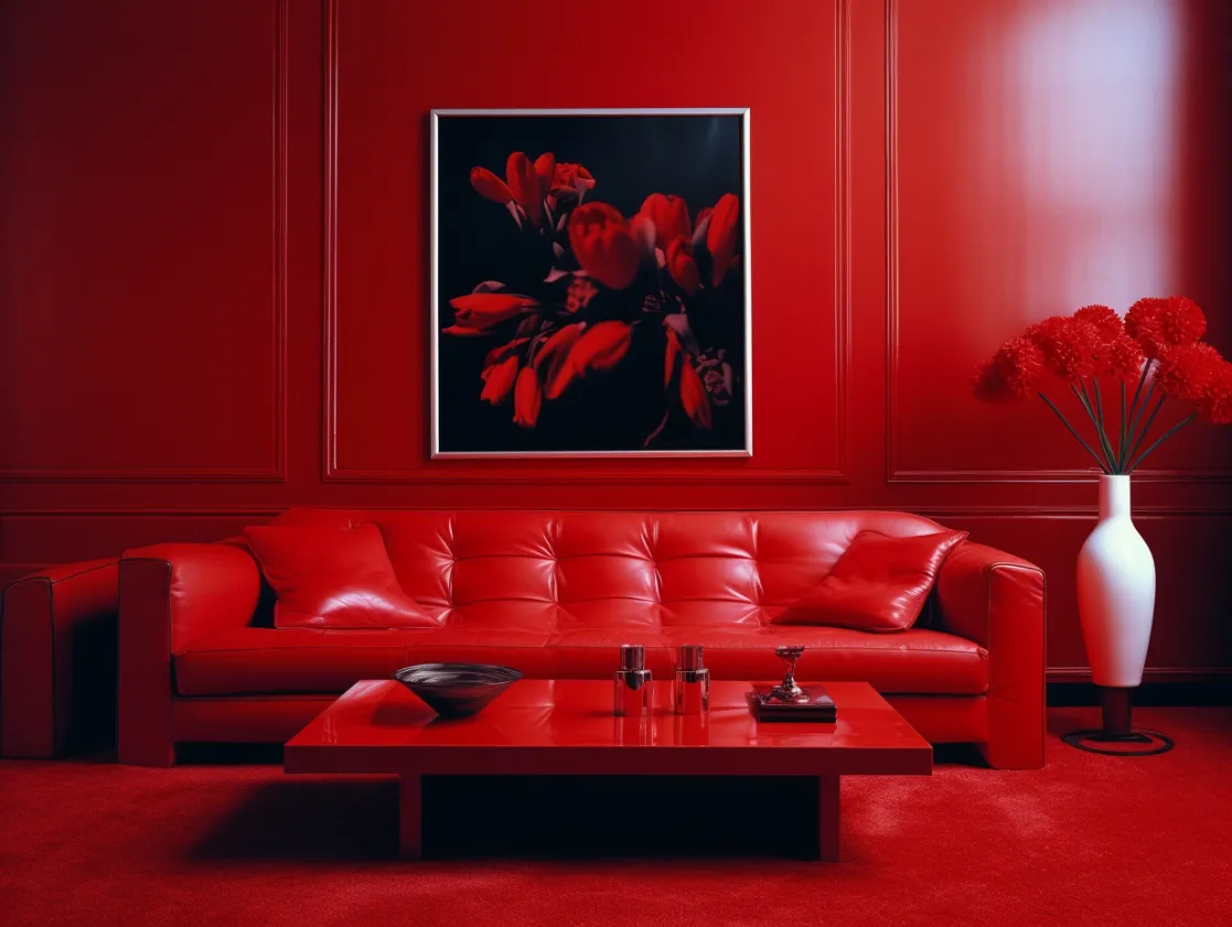 A rich red, monochromatic living room with red leather couch, red walls and carpet.