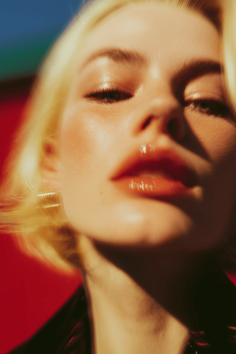 A blonde model with a modest look