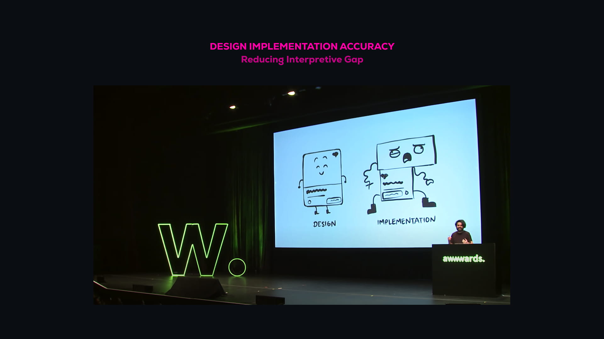 Awwwards conference - slide showing design vs implementation gap concept with hand-drawn UI character illustrations