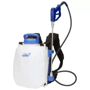 A white and blue backpack sprayer with a long handle and nozzle, designed for gardening or pest control.