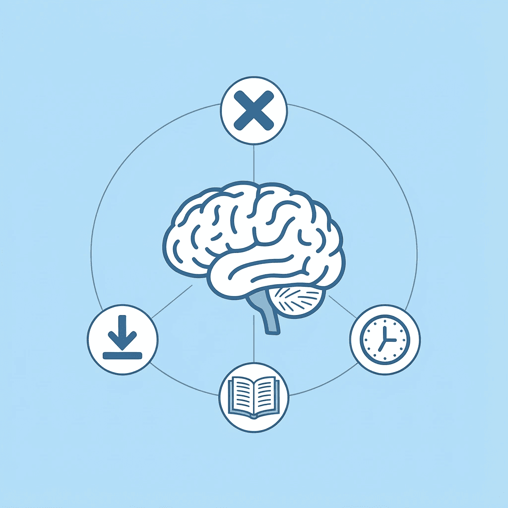 Central brain icon with four surrounding icons representing robotic sound, unprofessional delivery, performance decline, and errors connected by lines