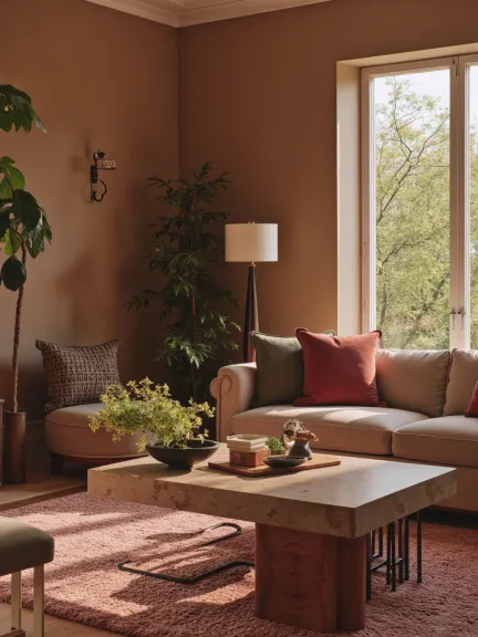 AI-generated interior design series, style definition study, warm modern living spaces, art-directed furniture styling and natural light