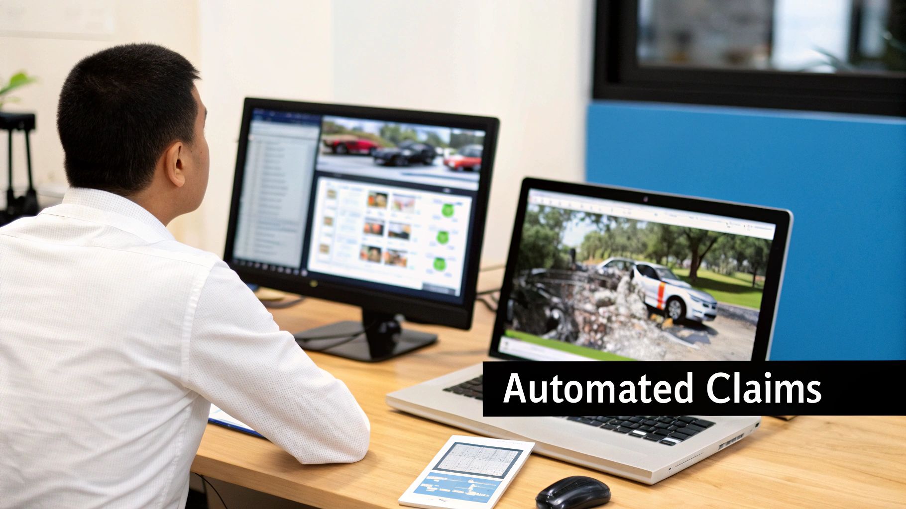 A person views computer screens displaying automated car claims processing and insurance risk management.