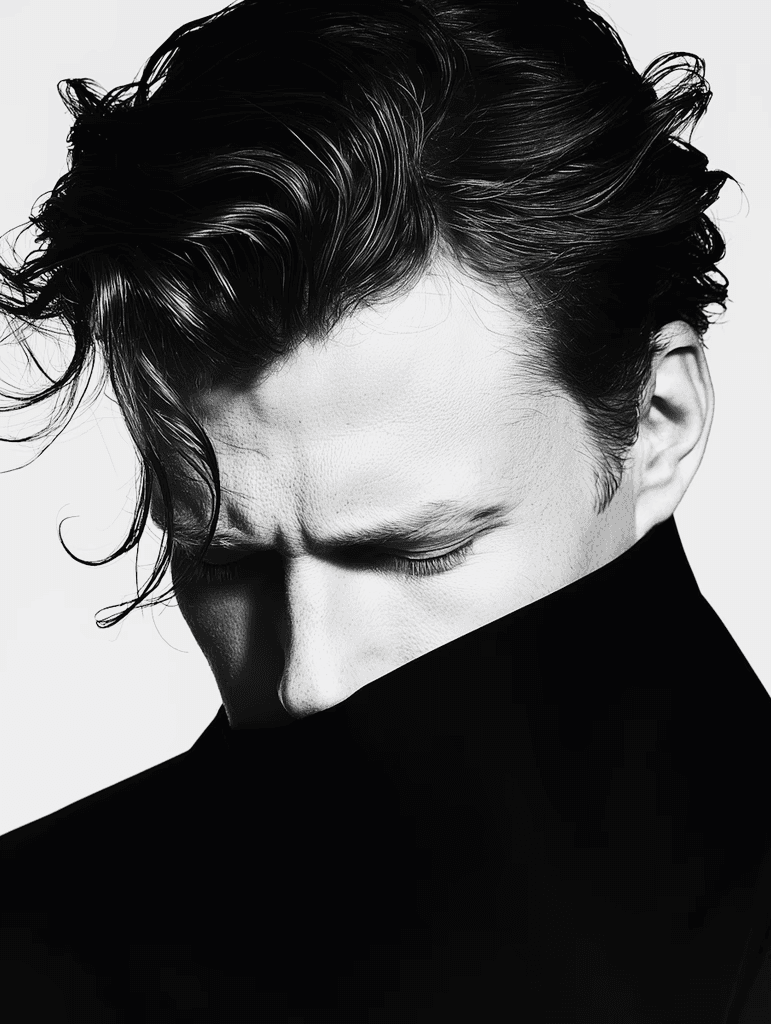 A monochrome portrait of a person with dark, wavy hair partially concealing their face with a high-collared black coat, set against a white background, creating a dramatic and artistic contrast.