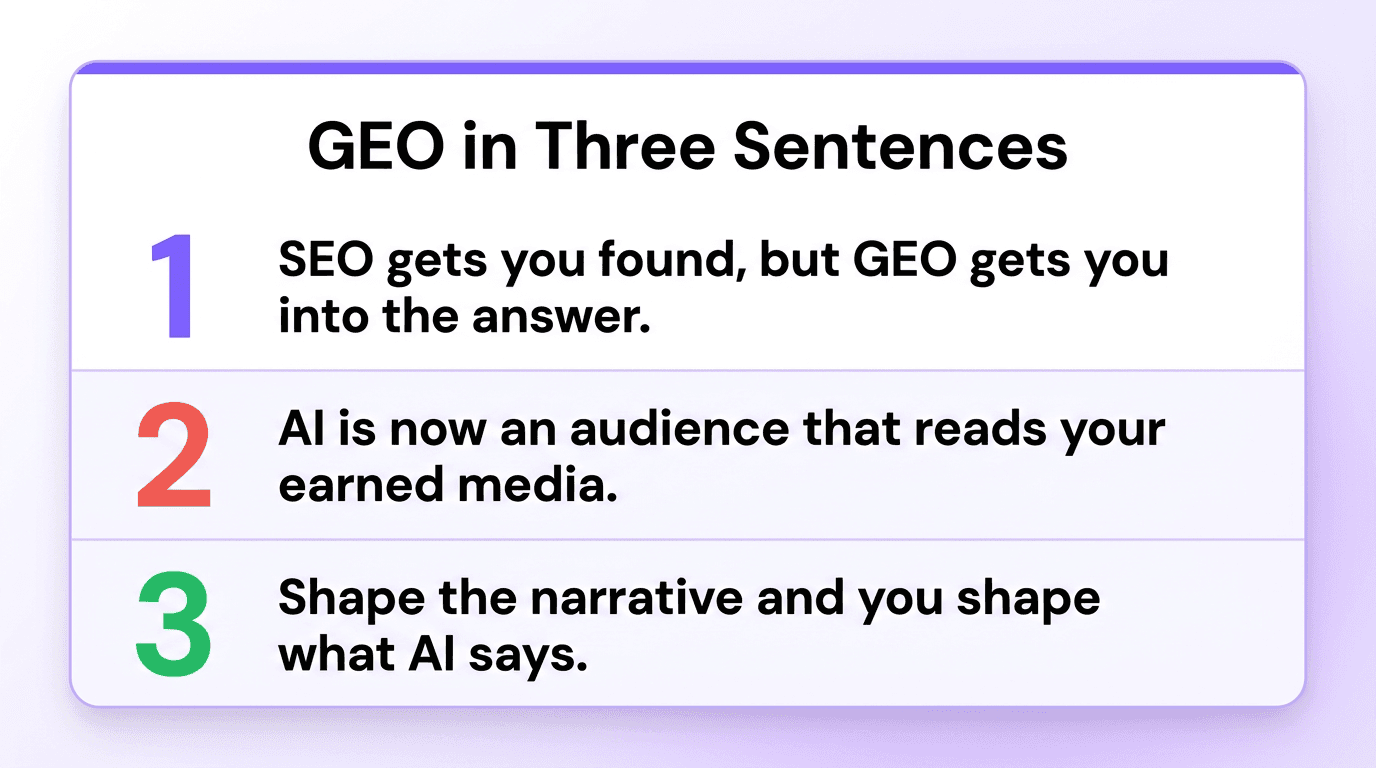 Three key ideas of GEO for communications: SEO gets you found while GEO gets you into the answer, AI now reads your earned media as an audience, and shaping the narrative shapes what AI says