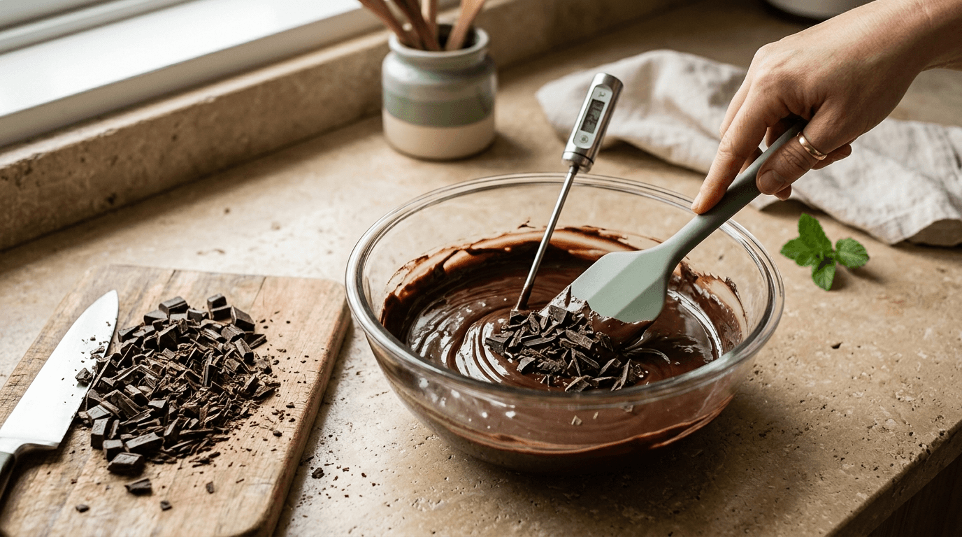 Chopped chocolate stirred into melted chocolate with a thermometer in the bowl