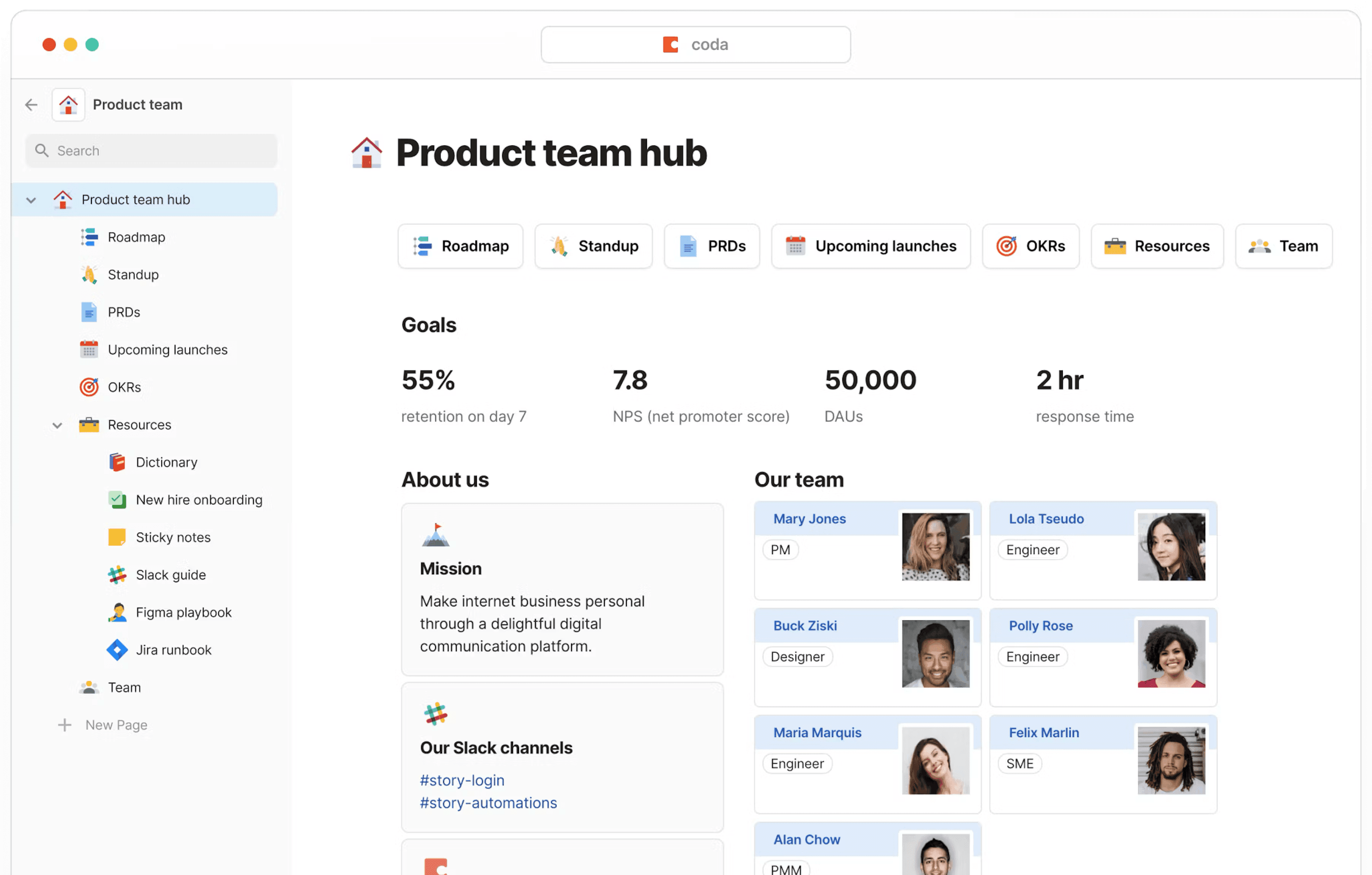 A screenshot of Coda being used as a product team’s hub