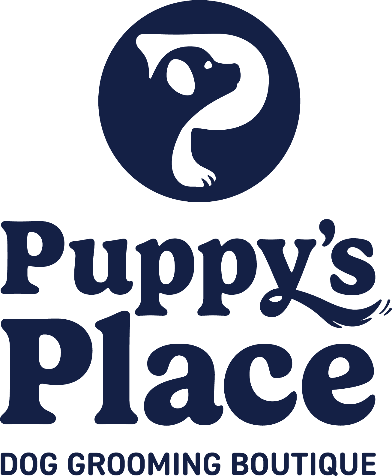 Puppy's Place Dog Grooming Boutique vertical logo with tagline