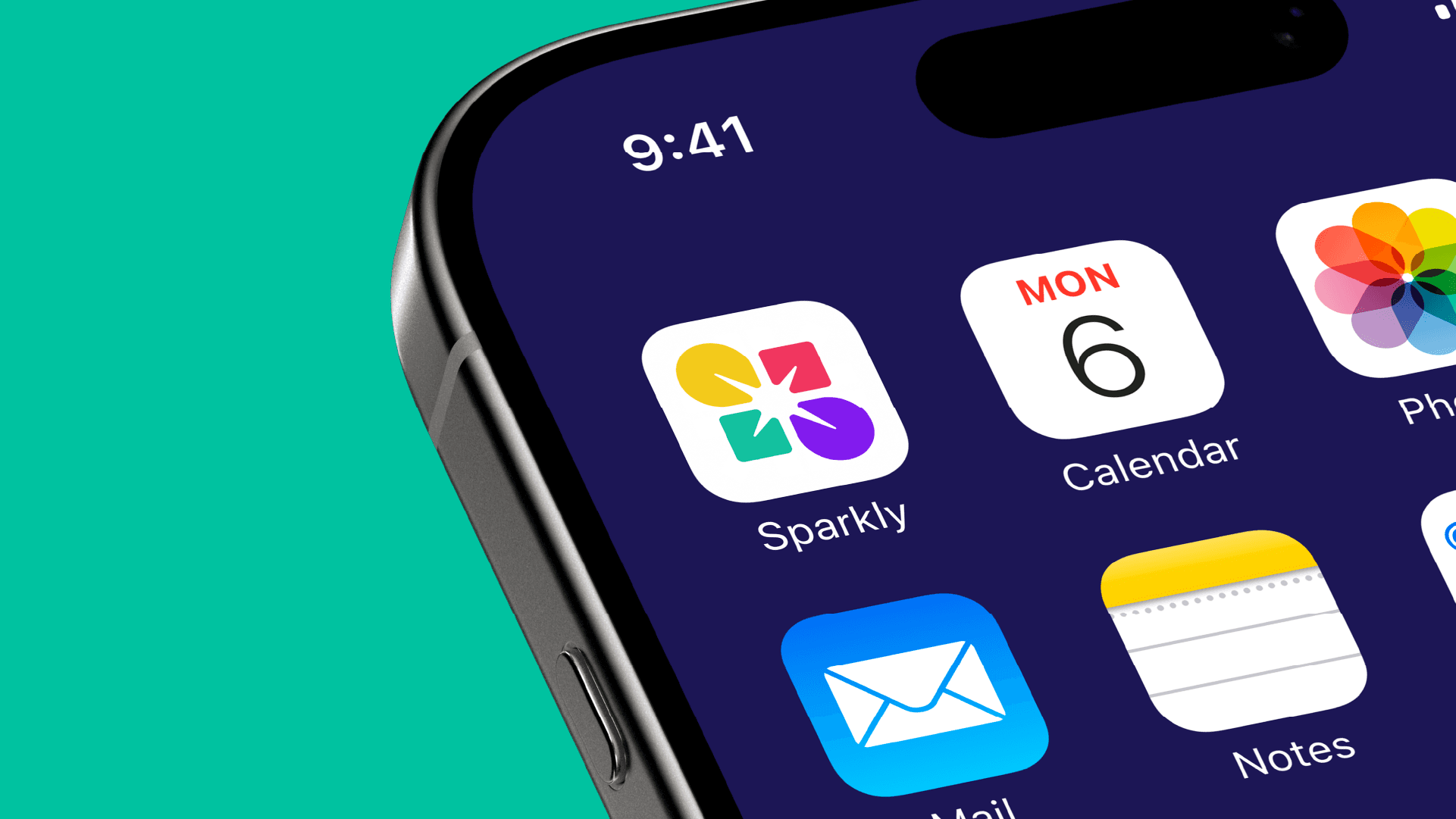 Sparkly app icon on a phone home screen, next to Calendar, Mail, and Notes apps