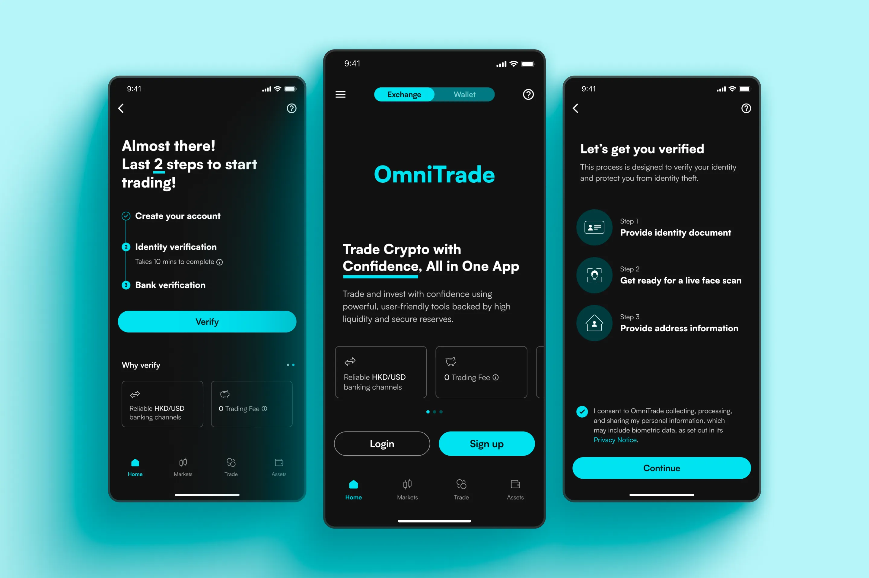 Three OmniTrade mobile app screens on a teal background showing the onboarding flow: KYC verification steps, login page, and identity document submission