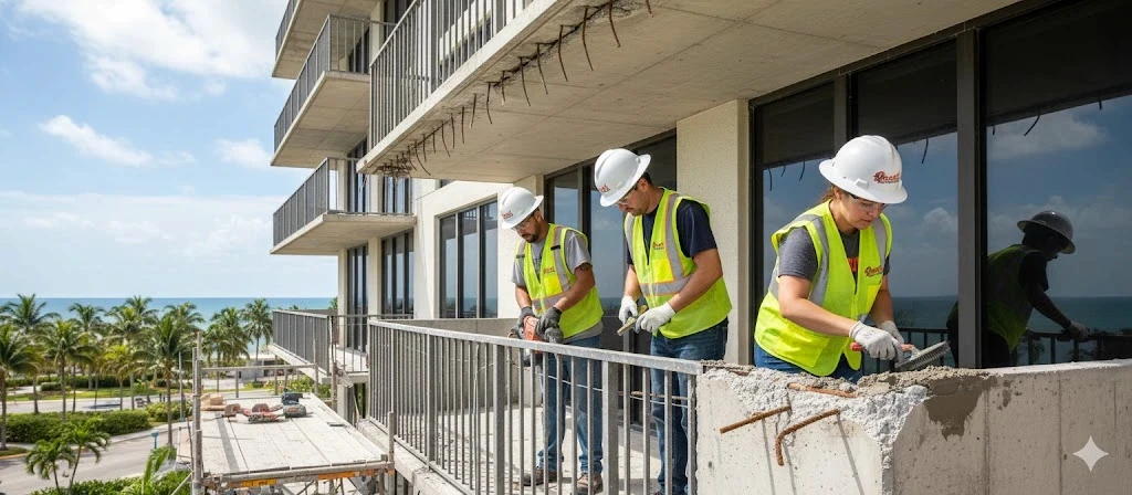 Concrete balcony repair in progress