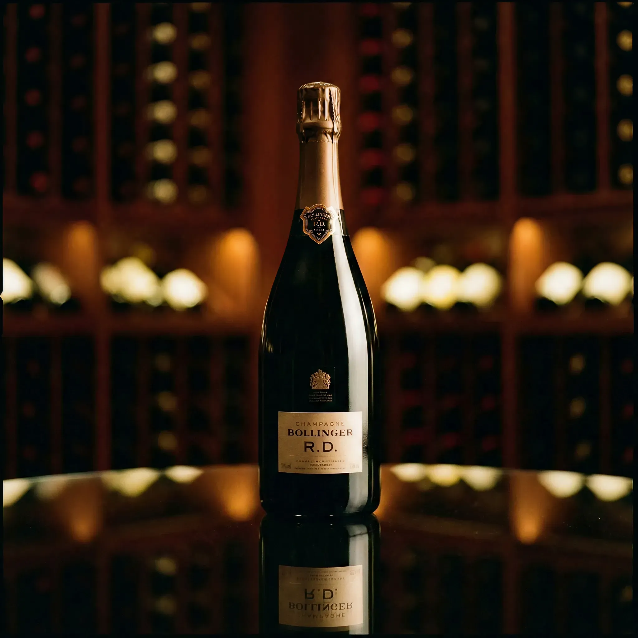 A bottle of Bollinger R.D. champagne stands on a glossy surface, reflecting light. The background features dimly lit wine racks, creating an elegant atmosphere.