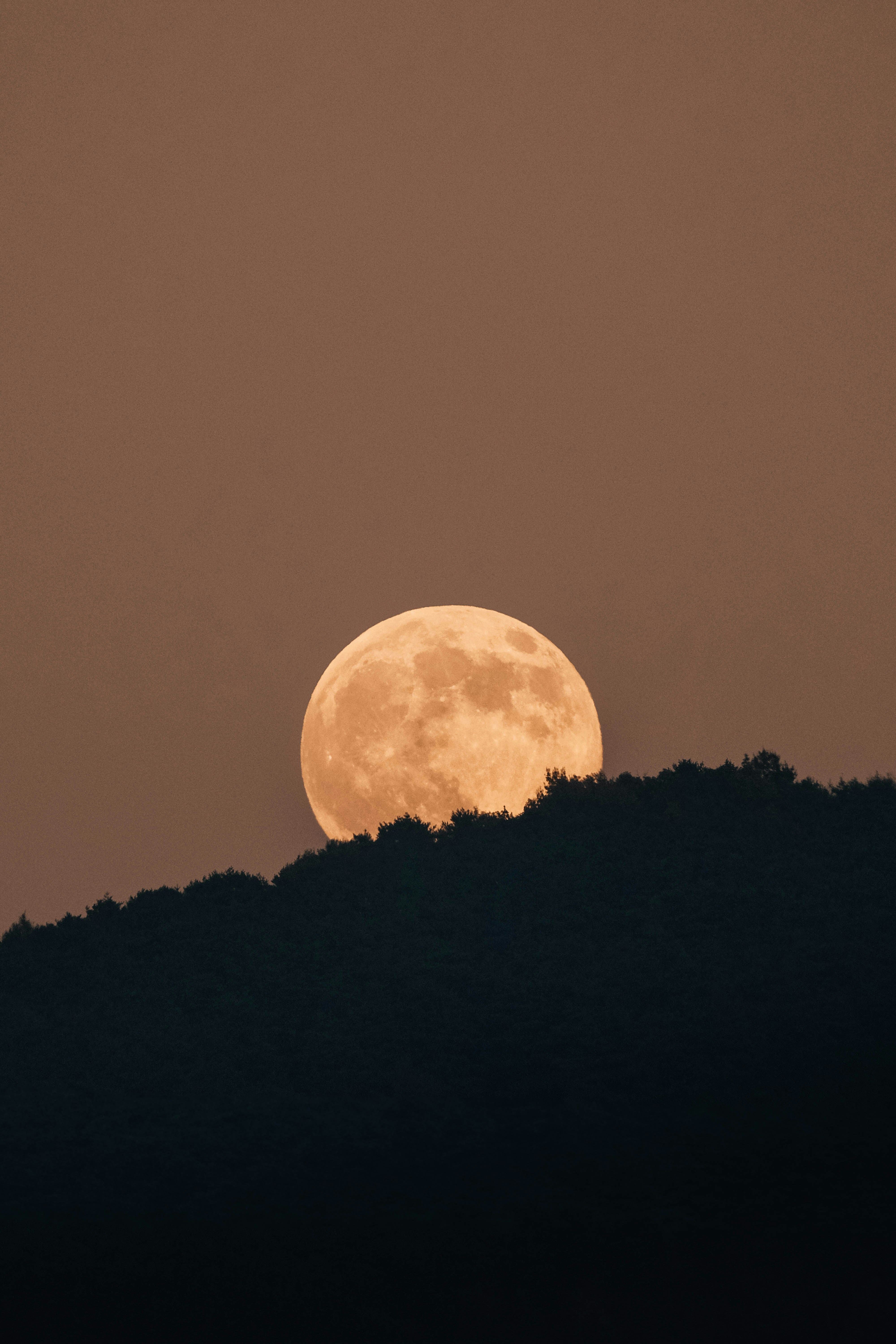 Full moon rising over a dark, silhouetted mountain ridge.