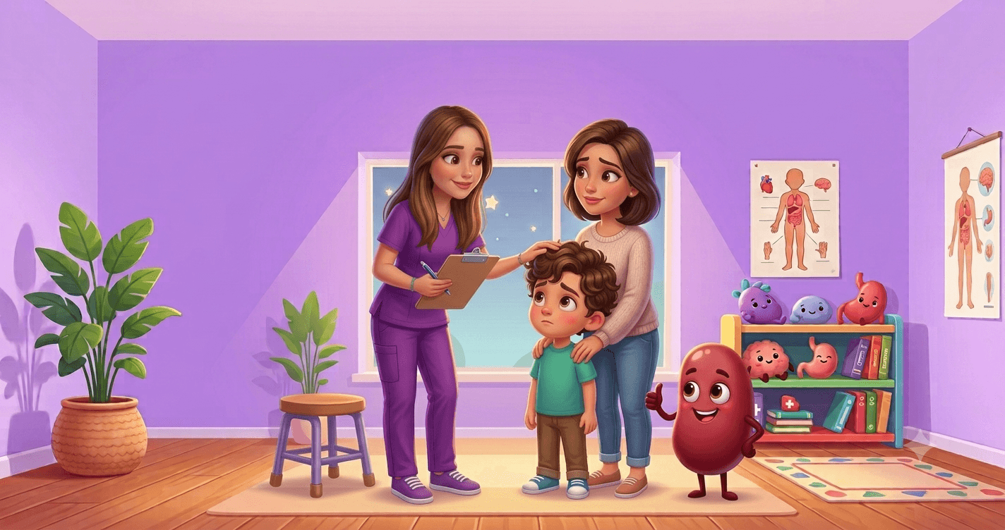 Ilustración de la Dra. Cristina Castañeda, nefróloga pediatra en CDMX, tranquilizando a un niño y su mamá — artículo sobre sangre en la orina (hematuria) en niños.