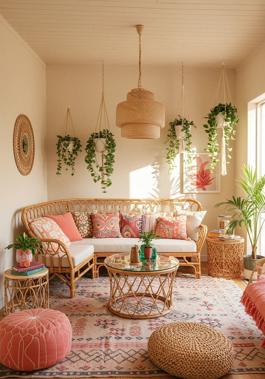 Bright boho living room with cream painted walls, colorful decor, and plants