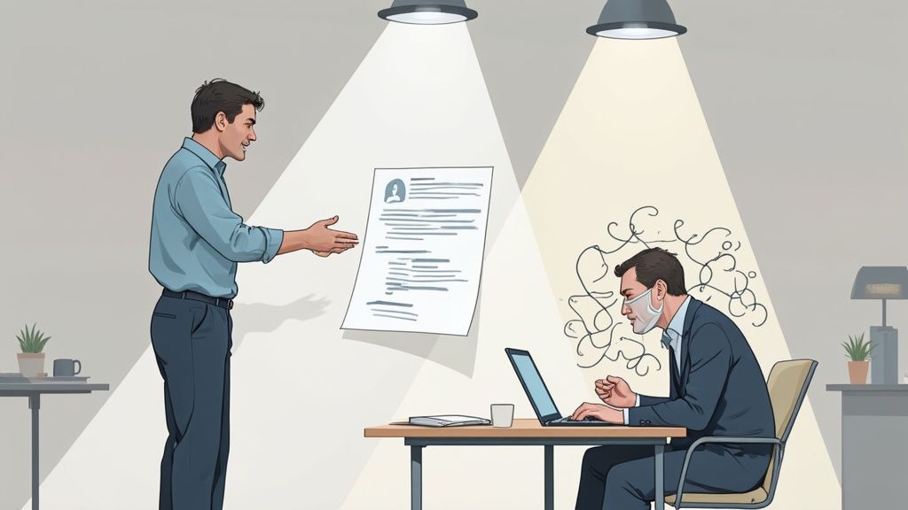 Professional presenting resume to stressed job candidate working at laptop during interview preparation