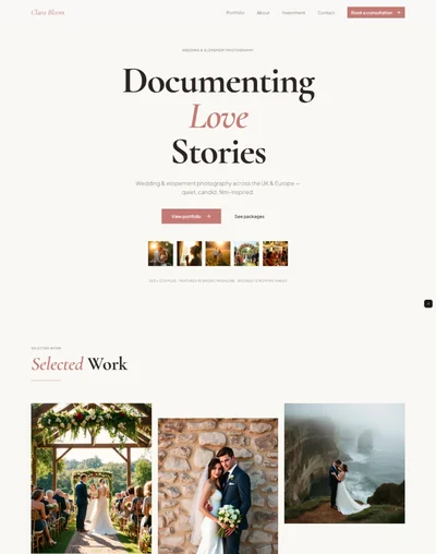 Wedding photographer website prompt — warm cream and blush rose editorial wedding photography portfolio design preview