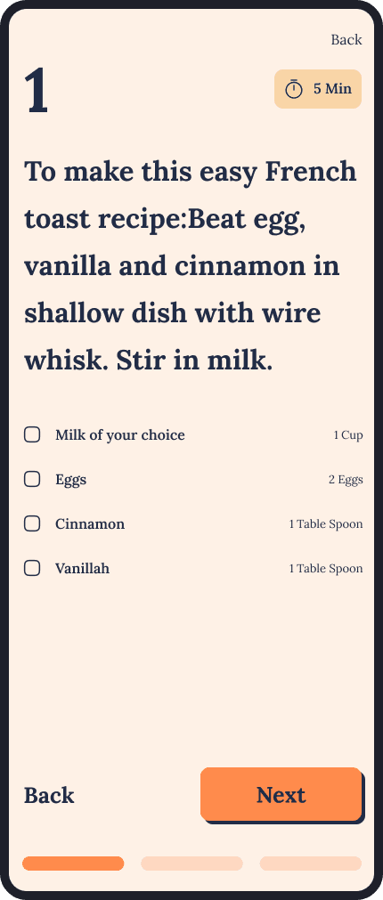 pictures of app ui design demonstrating the step and the ingredints in the chosen recipe