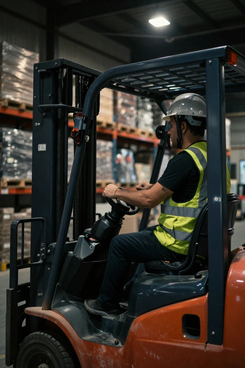 Manufacturing worker on forklift