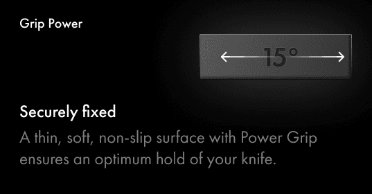 A dark graphic highlighting the Grip Power layer of the HORL3 Grip Pad, demonstrating its ultra-thin, non-slip surface that securely fixes knives at a 15-degree angle.