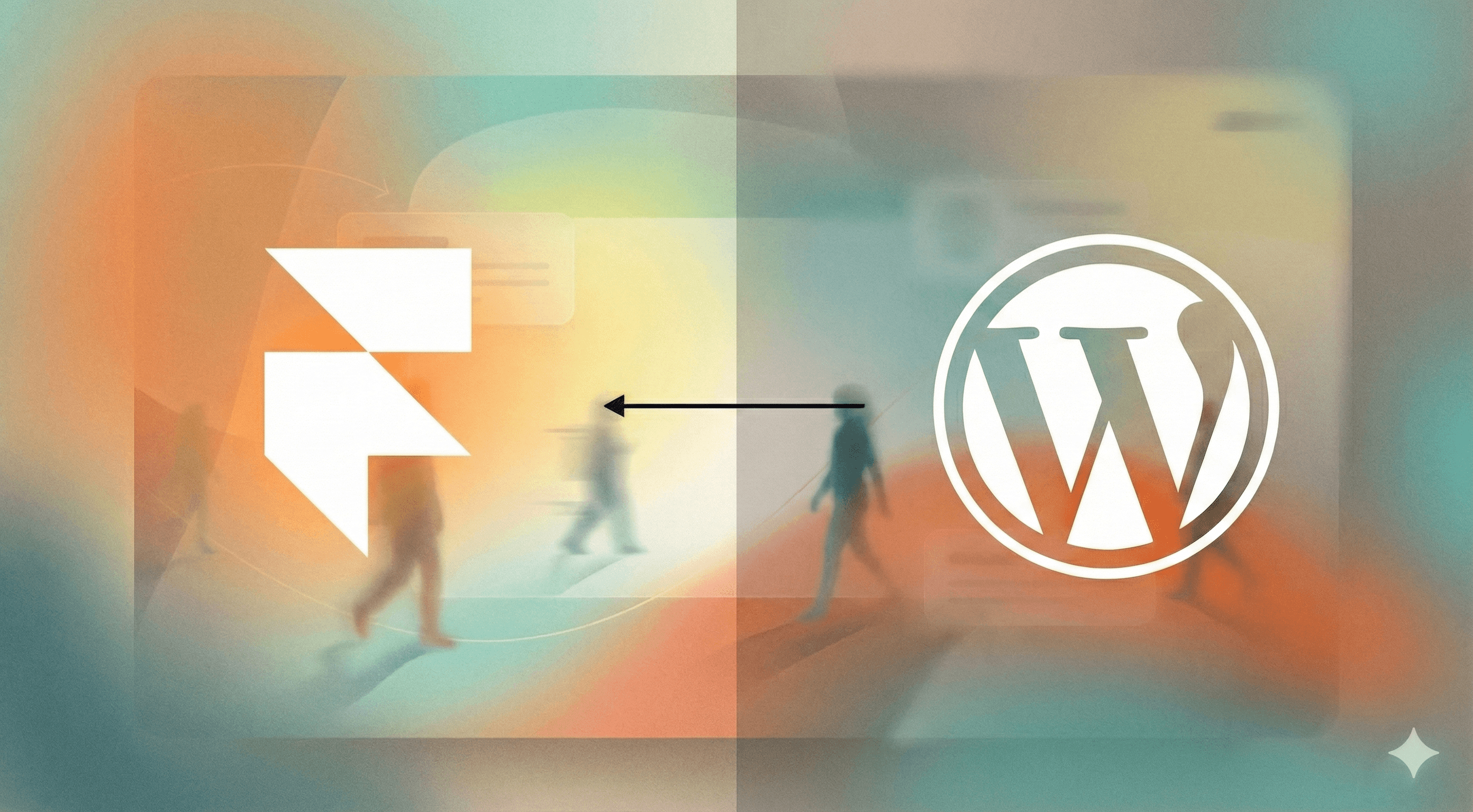 Ilustración con el logo de Framer a la izquierda y el de WordPress a la derecha, unidos por una flecha que sugiere migrar la web a Framer sin perder SEO ni posicionamiento