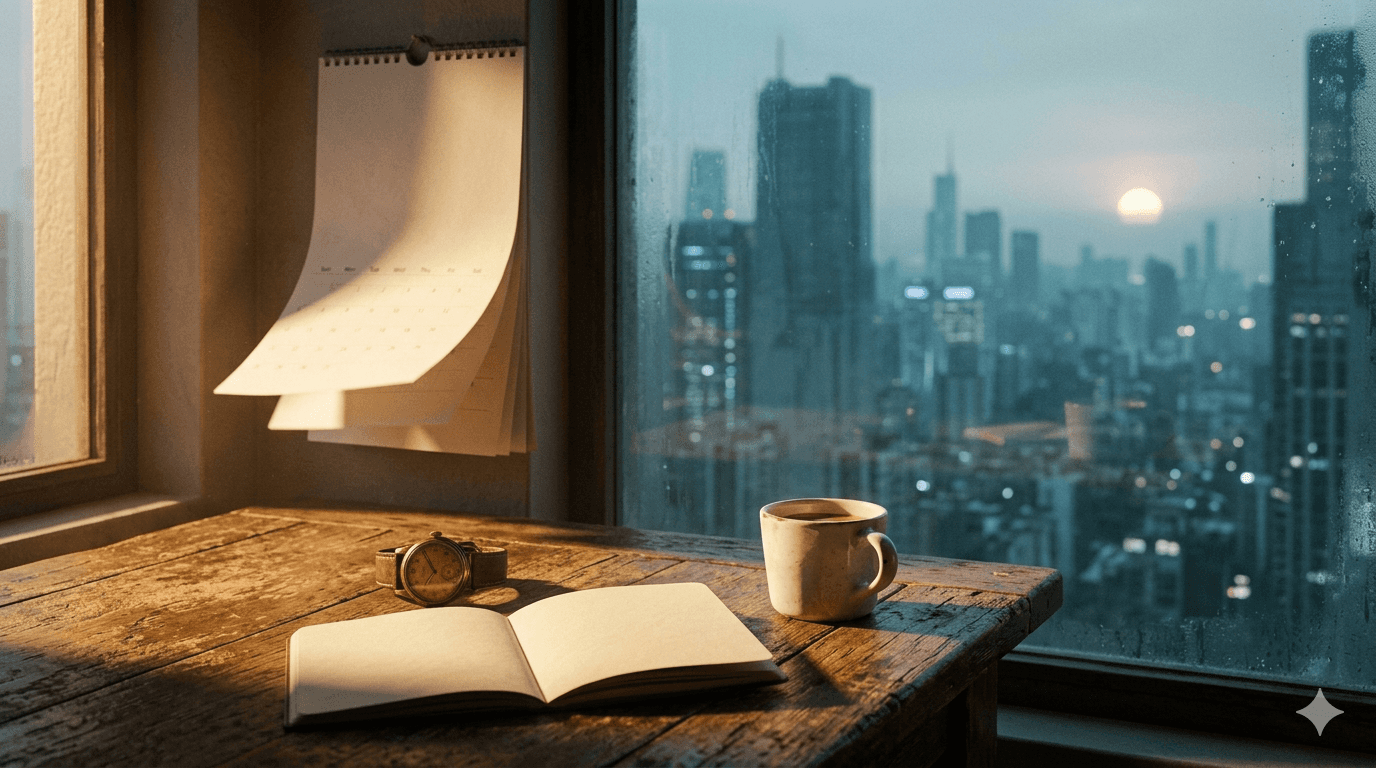 Carnet ouvert et tasse de café sur un bureau en bois, vue nocturne sur une ville futuriste