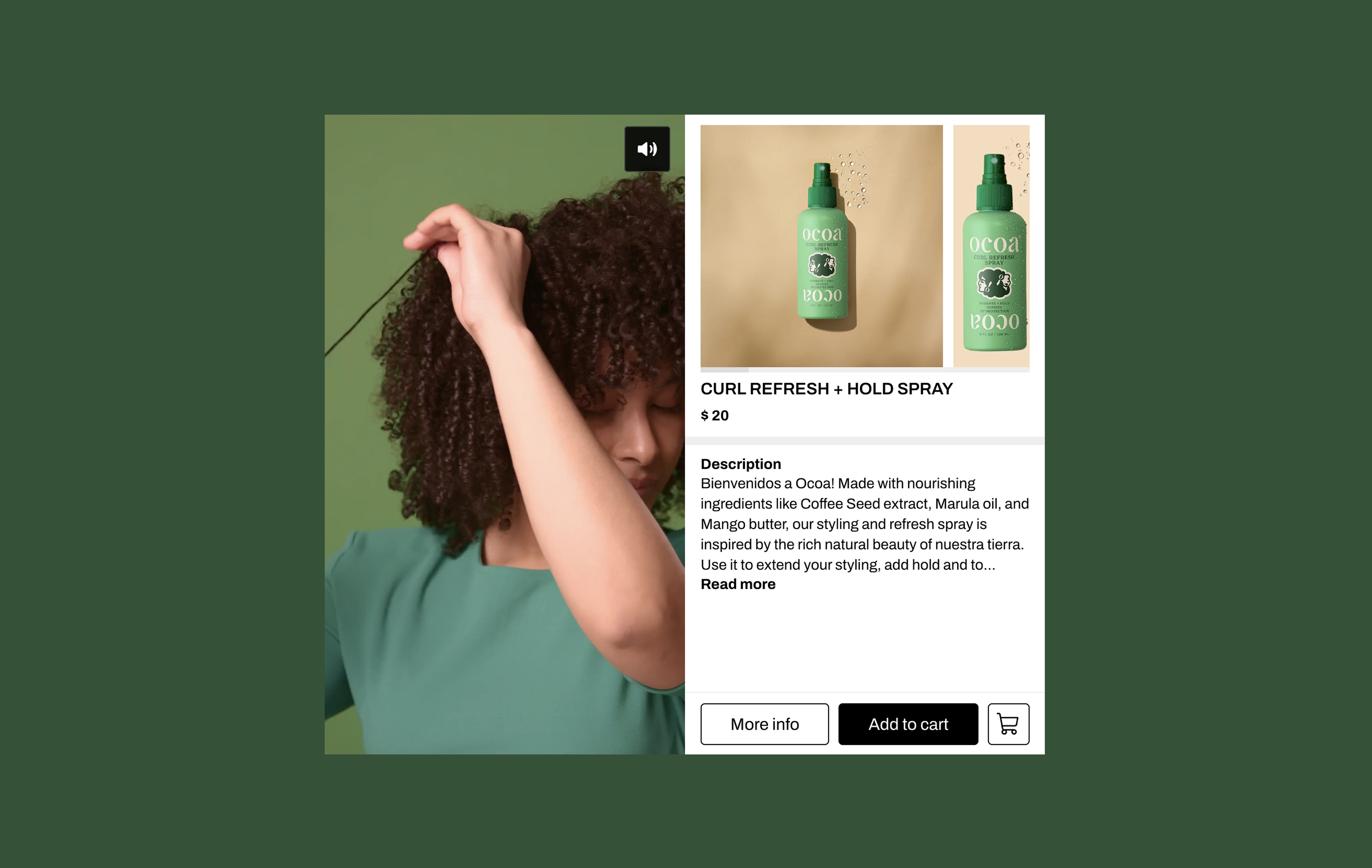 Ocoa shoppable video section with product information and purchase options