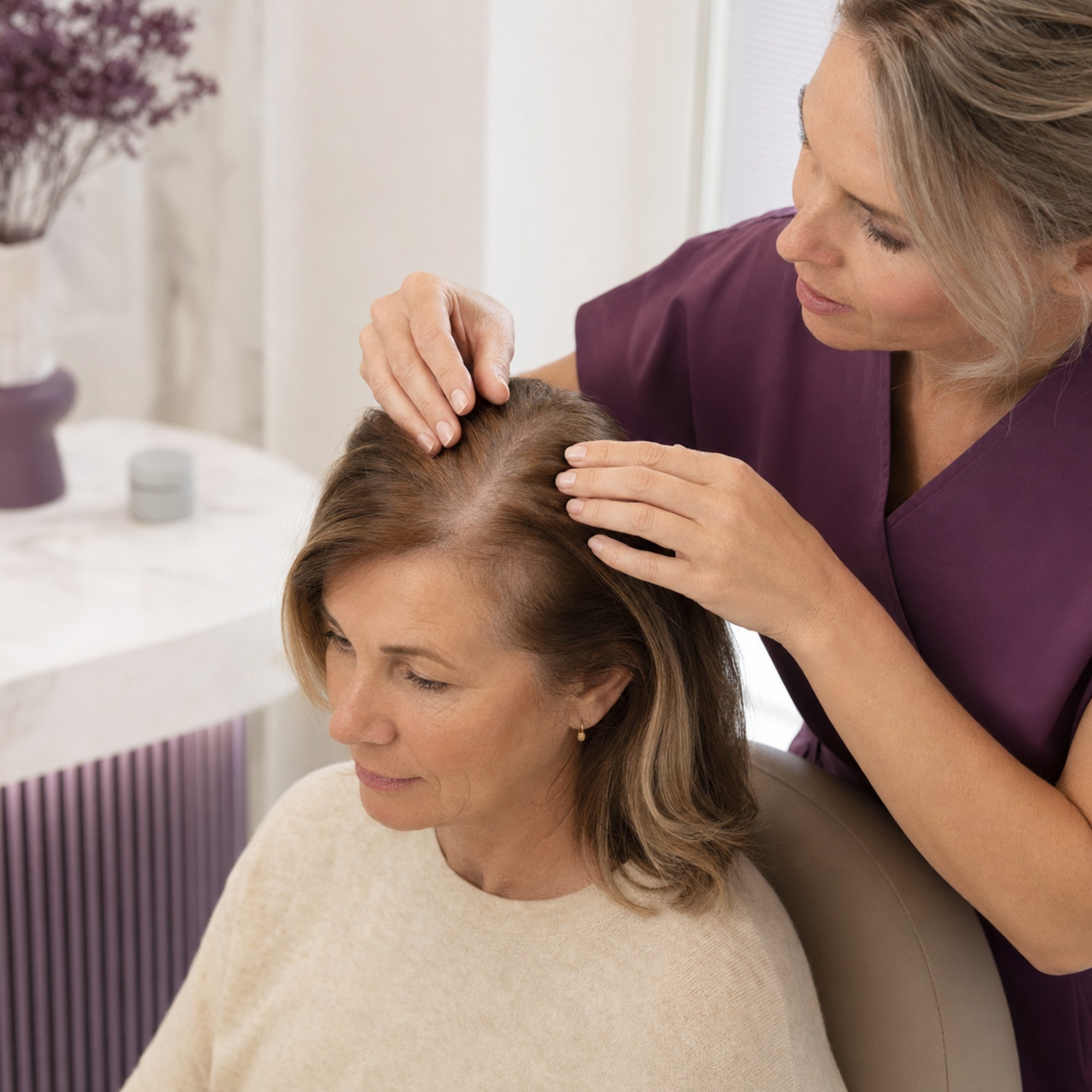 Zorgprofessional onderzoekt haarverdunning bij een vrouw die dutasteride overweegt.
