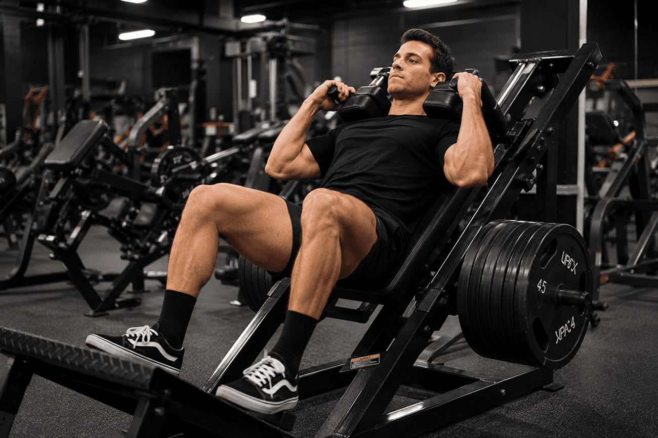 Athletic man performing a hack squat exercise on a plate-loaded hack squat machine in a modern gym with weight equipment in the background.