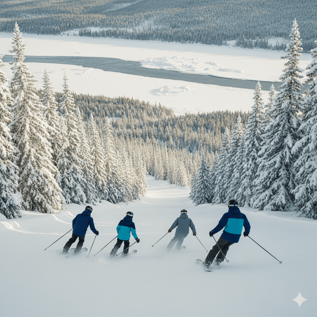 Match de hockey familial de nuit sur un lac gelé, avec deux buts rouges et un chalet éclairé en arrière-plan.