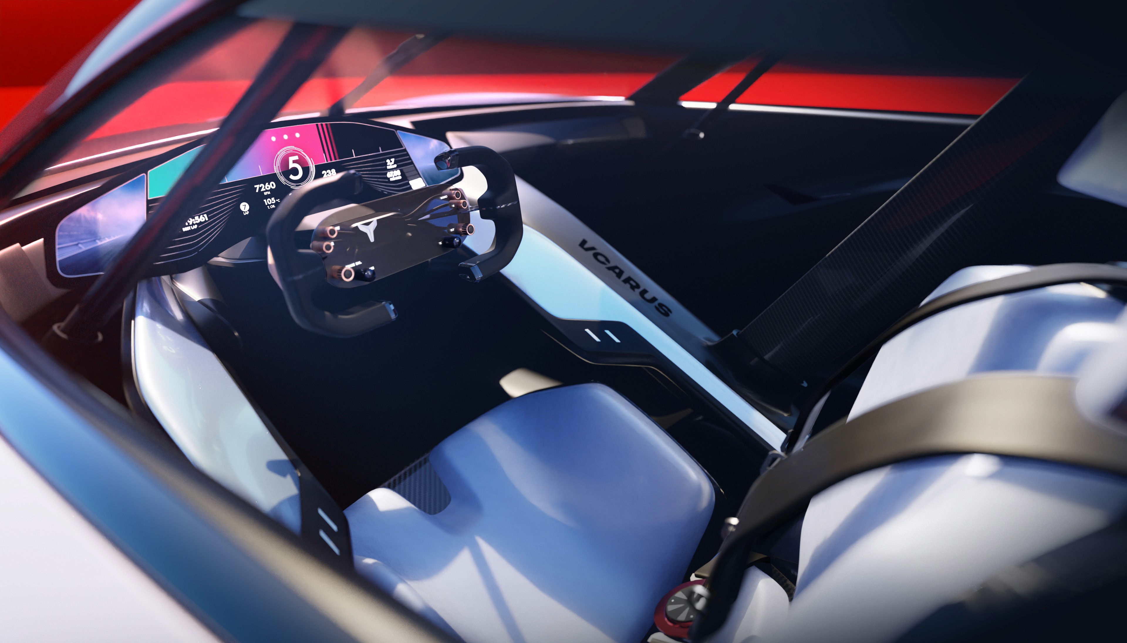 High-quality cockpit and steering wheel rendering demonstrating interior design visualization.
